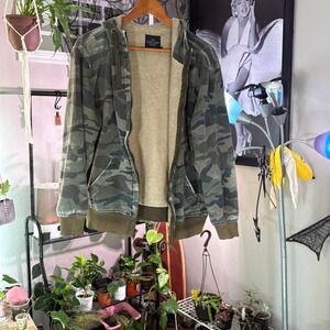 Mens Camouflage Sherpa Lined Full Zip Hoodie Jacket Camo Green Pockets M